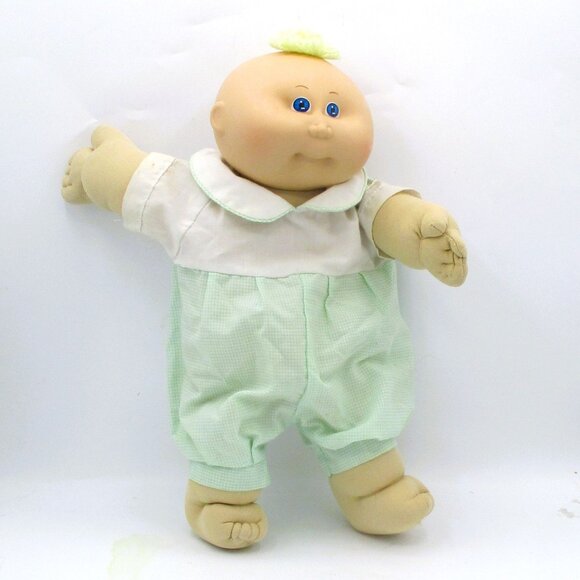 Vintage 1985 Cabbage Patch Kid Doll Yellow Tuft Blue Eyes Green White Outfit - Picture 1 of 10